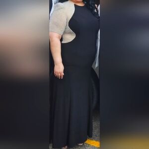 XscapePetite Size Beaded Mesh Short Sleeve Sheath Gown